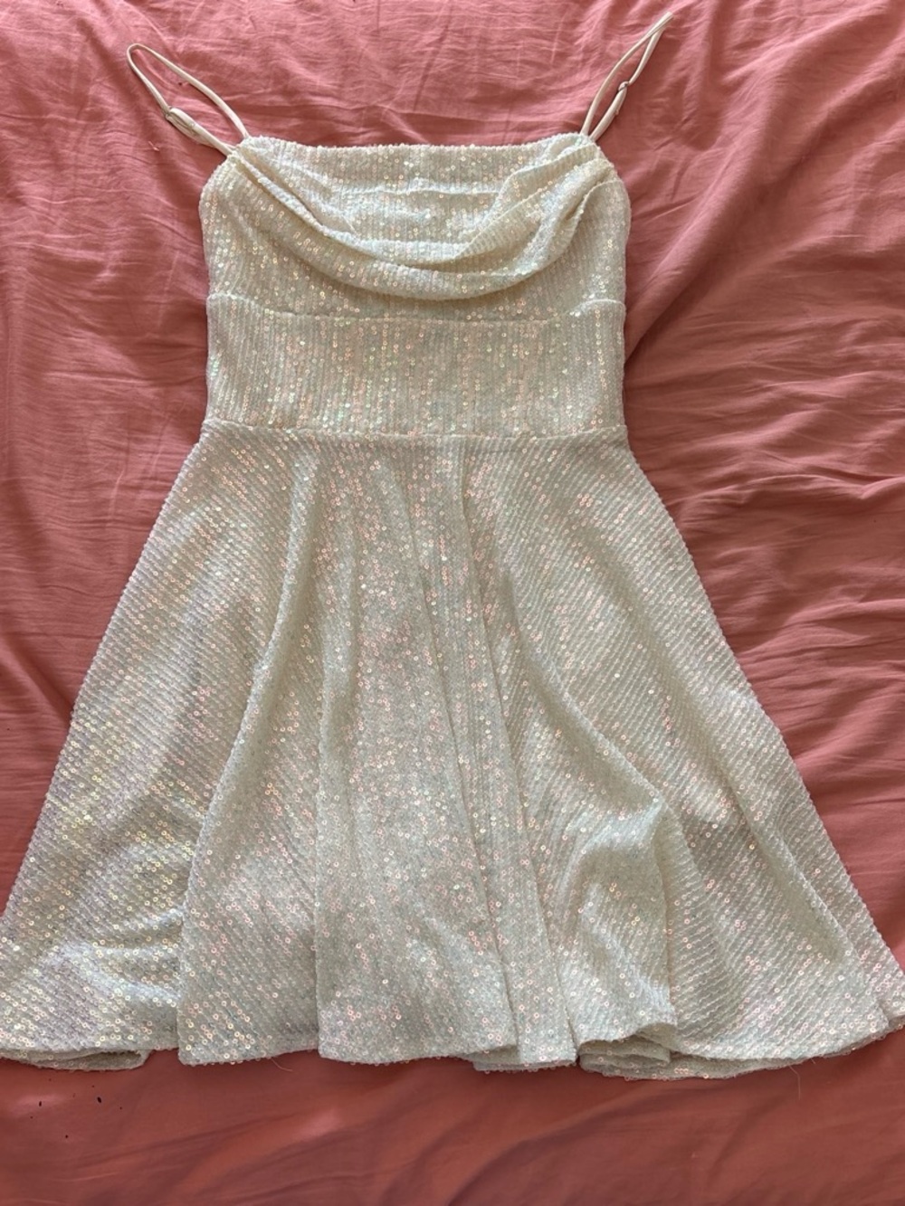 Windsor Iridescent White Sequin Cowl Neck Mini Dress